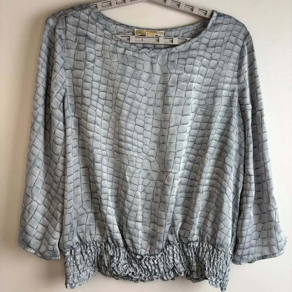 Michael Kors silky animal print top womens L gray open sleeve cinched waist